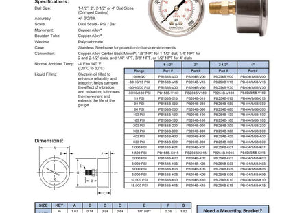 2-1/2" Oil Filled Vacuum Pressure Gauge - Stainless Steel Case, Brass, 1/4" NPT, Center Back Mount Connection -30HG/30PSI