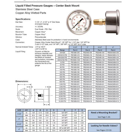 2-1/2" Oil Filled Vacuum Pressure Gauge - Stainless Steel Case, Brass, 1/4" NPT, Center Back Mount Connection -30HG/30PSI