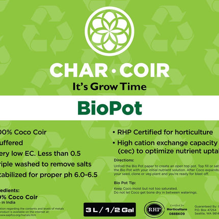 Char Coir BioPot, 3 L, case of 24 Char Coir 