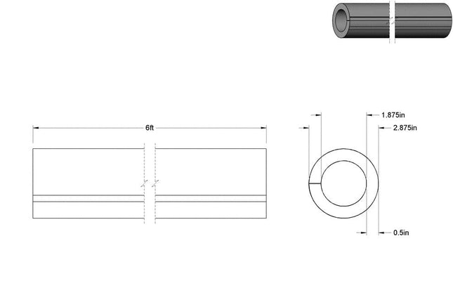 Flexible Rubber Foam Pipe Insulation Tube Slit, 1/2" Thick Wall, 1-7/8" ID, 6 Feet Long