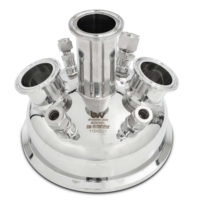 BVV Compression 6" Tri-Clamp x (3) 1.5" TriClamp x (2) 3/8" Compression x 1/4" Compression x 1/2" Compression Hemispherical Lid