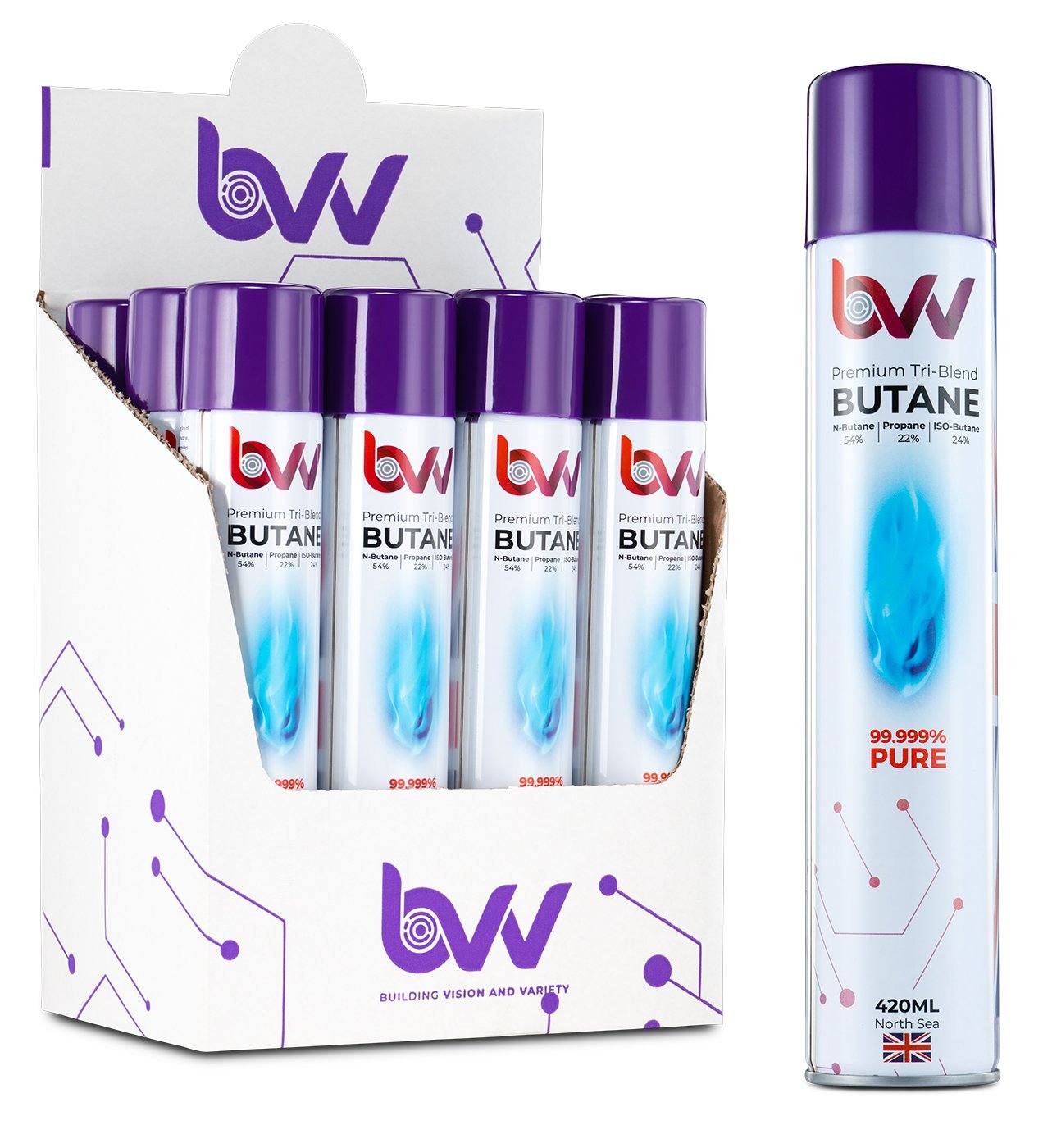 BVV 420ml Premium Tri-Blend Butane 99.999% Pure MasterCase - 72 Cans 