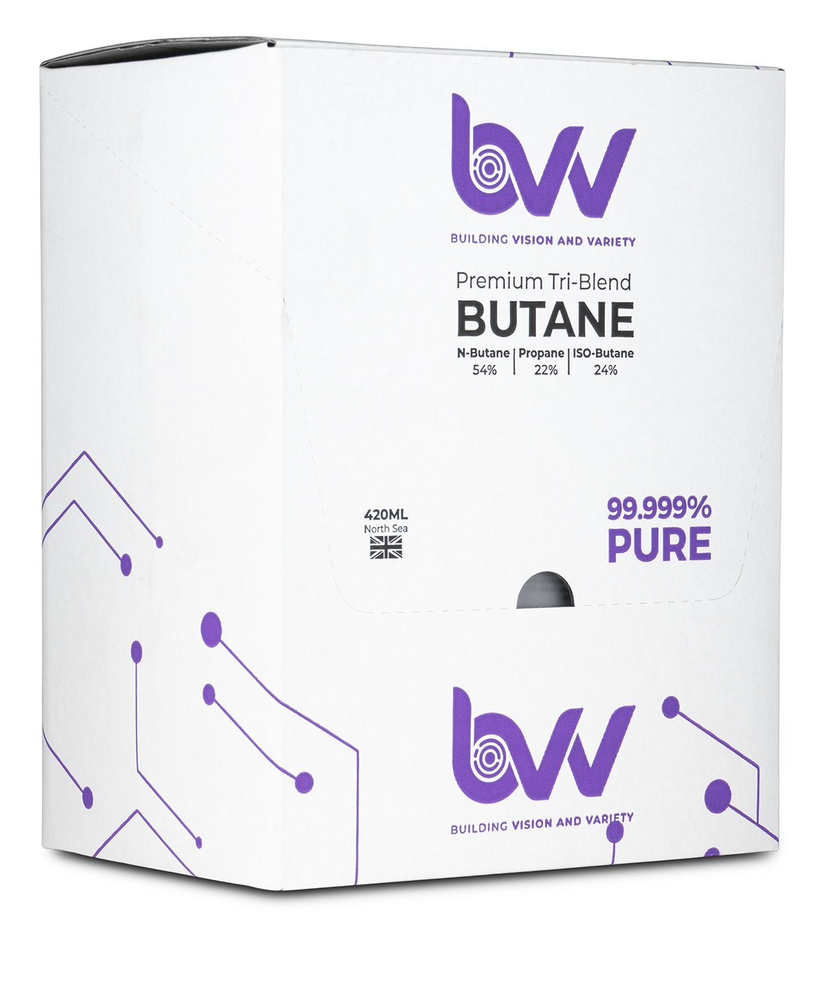 BVV 420ml Premium Tri-Blend Butane 99.999% Pure in packaging