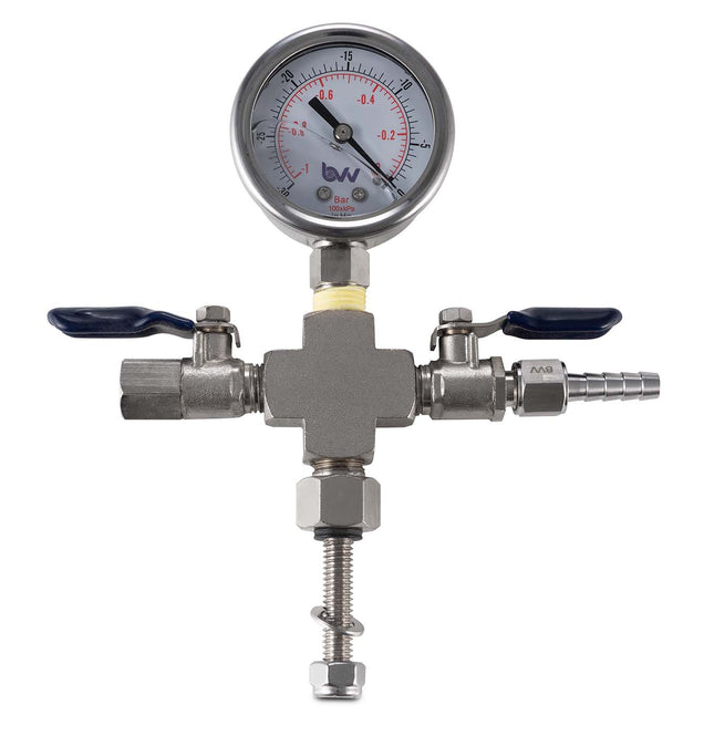 Valve Manifold - Cross with Hose Barb and Vacuum Gauge Shop All Categories BVV 